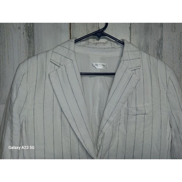 Isaac Mizrahi Women's Large Linen Blazer Cream Navy Pinstripes - Picture 3 of 7